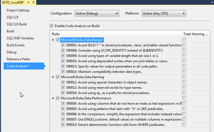 Sql data tool. "Enable code Analysis on build" vs2019. SQL Server data Tools (SSDT).