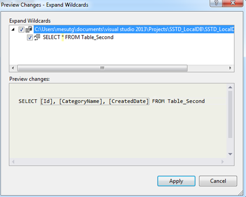 Sql data tool. SQL Server data Tools (SSDT). Expand the file Wildcards.
