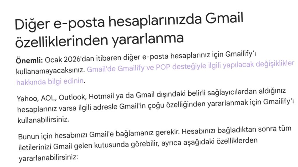 Gmailify Özelliği Üçüncü Parti Hesaplar İçin Devre Dışı Bırakılıyor