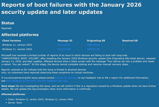 Windows 11 24H2/25H2: Ocak 2026 Güncellemesi KB5074109 Açılışta Mavi Ekran Sorununa Yol Açıyor