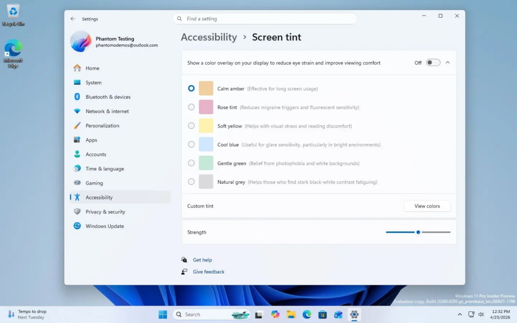 Windows 11 Göz Yorgunluğunu Azaltan Screen Tint Özelliğini Test Ediyor